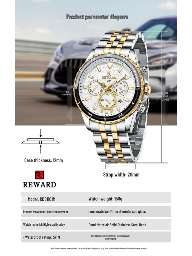 Premium Multi-Function Men's Sports Chronograph Luminous Waterproof Watch with Solid Steel Band