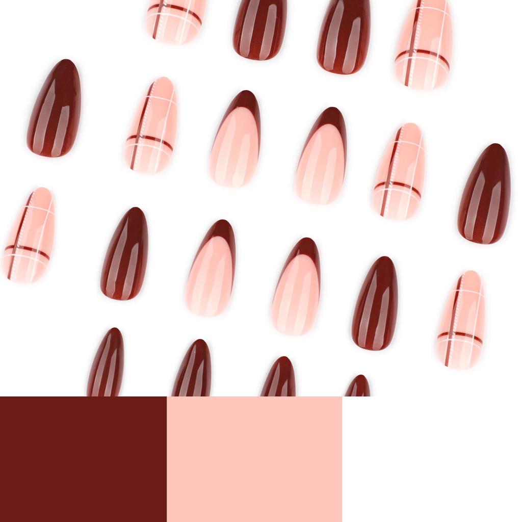 Stylish French Red Cross Lines Short Almond Nail Tips