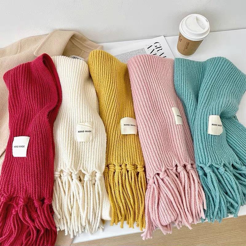 Scarf female winter student Korean version versatile new knitted couple thickened warm wool men's solid color fringed scarf