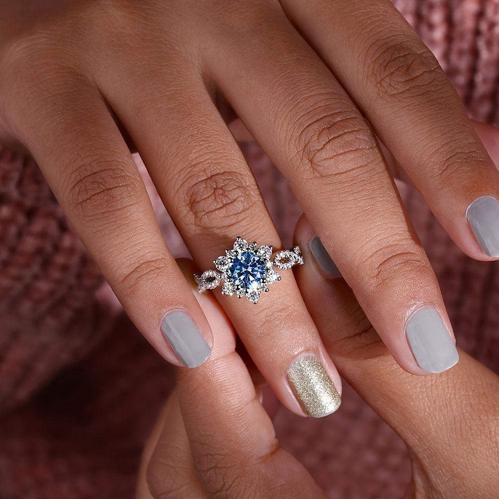 Vintage Inspired Blue Sapphire Halo Ring | Paved Cubic Zirconia CopperBand | Promise Engagement Jewelry Gift for Her