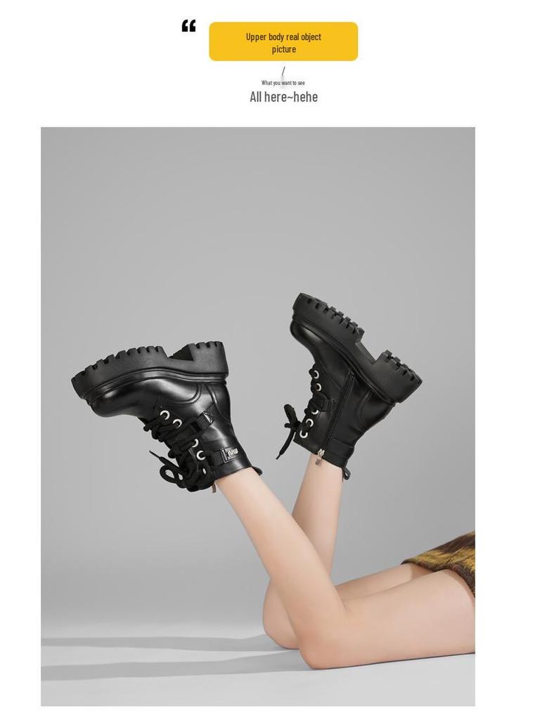 Women's British Style Lace-Up Ankle Boots - Genuine Leather, Thick Sole, Heightening, Autumn/Winter 2025