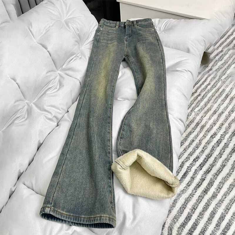 Fleece Lined Straight Leg Jeans Women Autumn Winter Plus Size High Waist Hip Wide Stretch Bootcut Horsehoof Pants