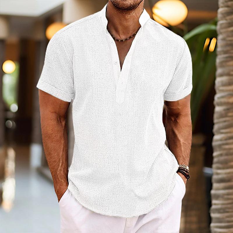 Men's Linen Shirts Short Sleeve Button Up Shirt Casual Summer Loose Fit Home Style Shirts