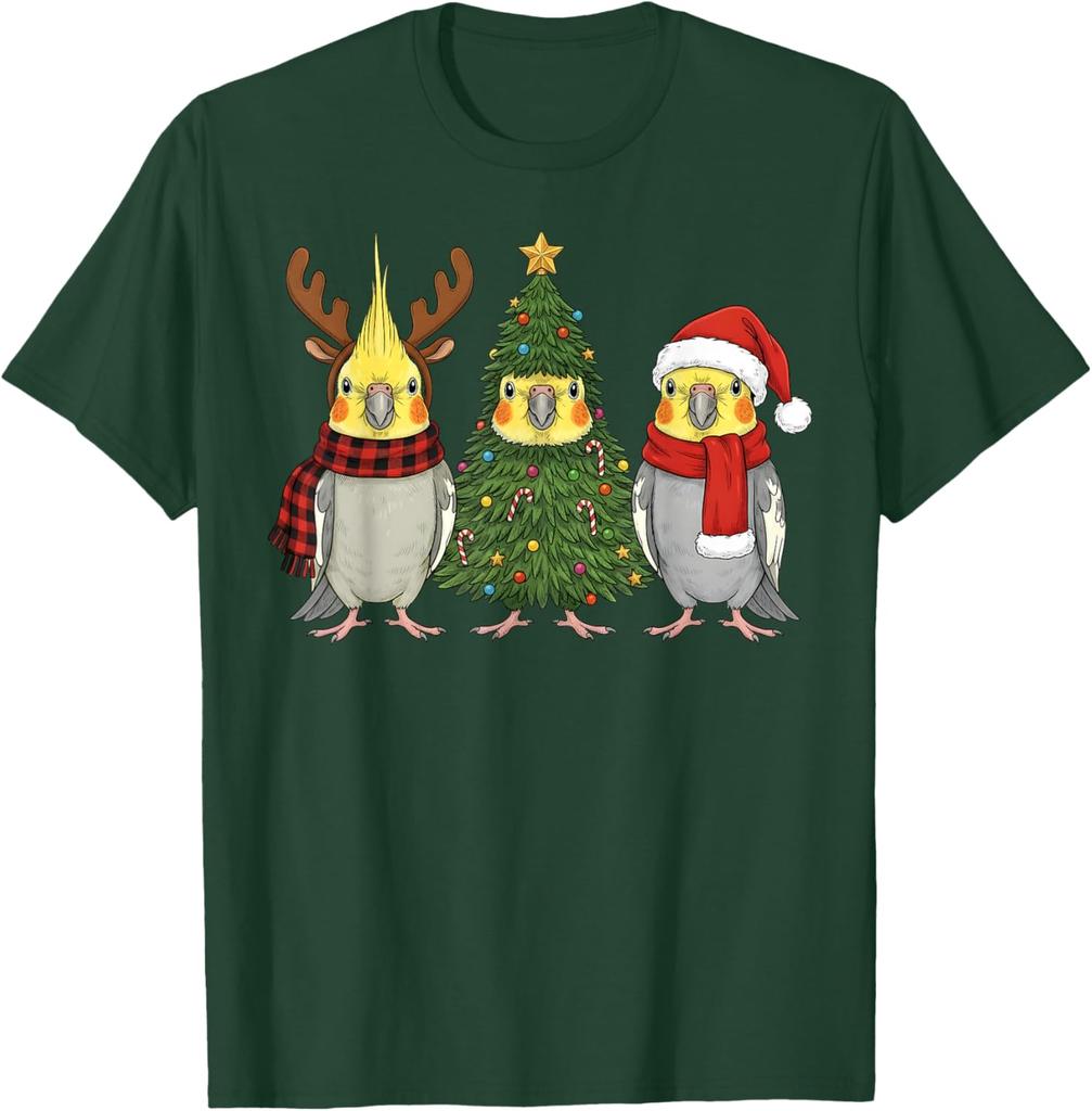 Funny Cockatiel Christmas T-Shirt Santa Reindeer Parrot Graphic Tee Unisex Casual Cotton Print