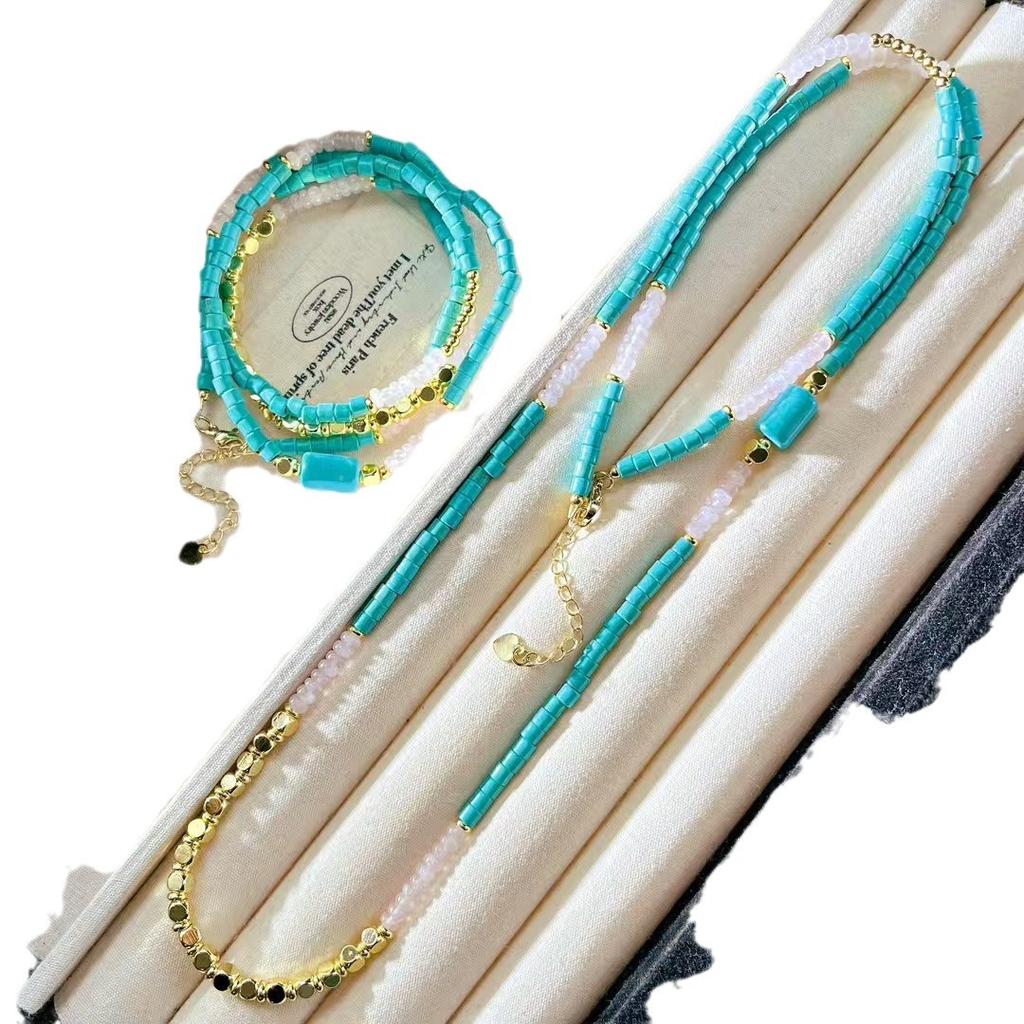 Vintage Design Powder Crystal Artificial Turquoise Sweater Chain Necklace Collarbone Chain