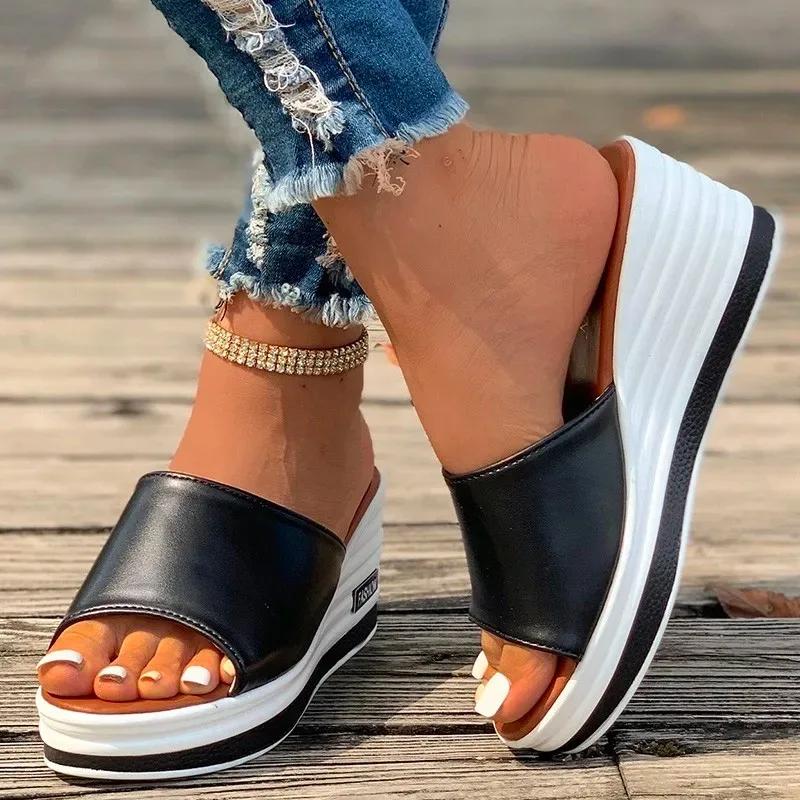 Fashion Womens Slippers Plus Size Wedges Summer Fish Mouth Sandals Lightweight Slope Heels Beach Flip Flops for Female Basic Chinelos