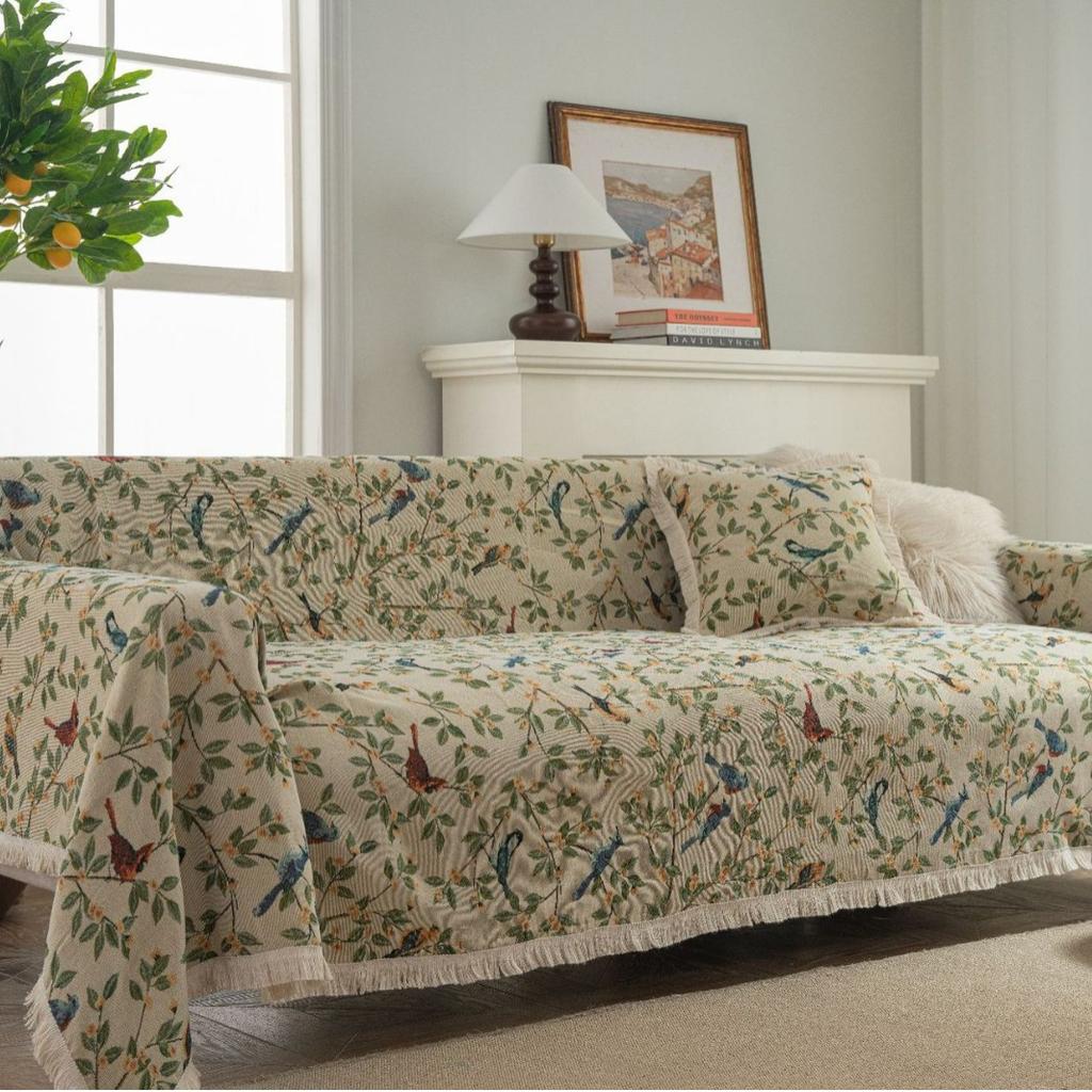 Sofa Towel Anti-cat Scratch Jacquard Flower Bird Green Retro Festive Festival Thick Sofa Blanket