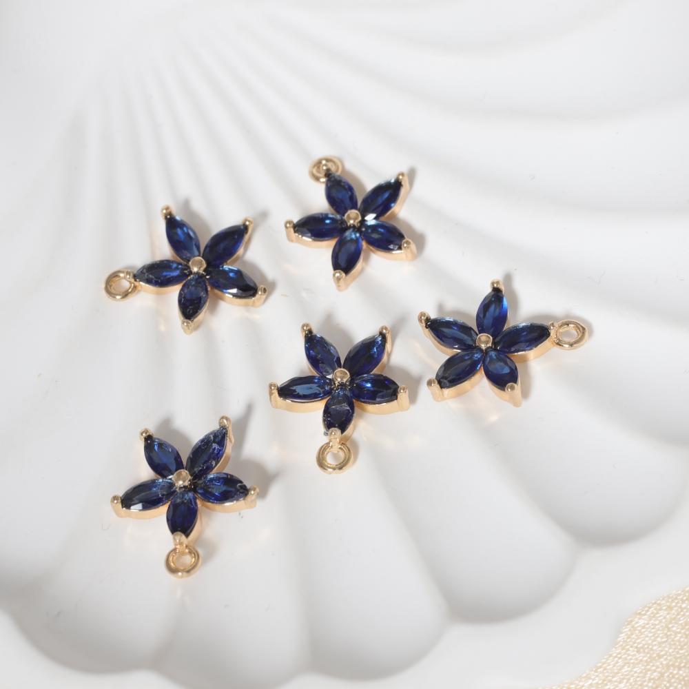 Pink Zirconia Flower Copper Charms, Golden Plated DIY Jewelry Pendants for Earring Necklace Craft