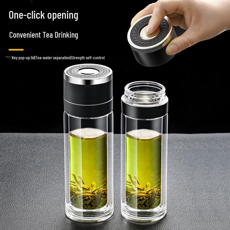 Quick-Open Lid Glass Teacup: Business Car Cup with Tea-Water Separation, Double-Layer High Borosilicate Glass and Printed Design