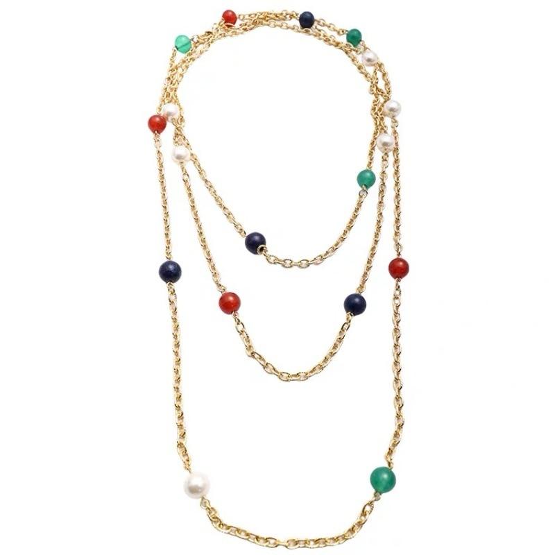 

Mei Mary Used red, green, and blue colorful bead gemstone long necklace - multi-layered gemstone vintage waist chain