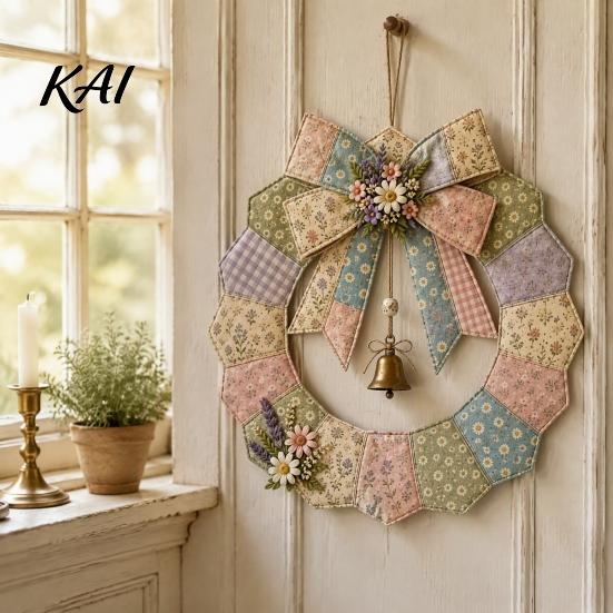 Pastoral Style Home Decoration DIY Patchwork Garland Crafting Kit, Retro Floral Fabric Set with Bells Spring Seasonal Door Ornament And Simulated