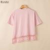 ZANZEA Women Casual Round Neck Loose Lace Splice Summer Short Sleeve T-Shirts