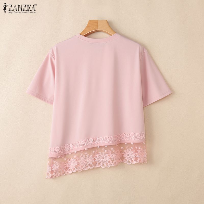 ZANZEA Women Casual Round Neck Loose Lace Splice Summer Short Sleeve T-Shirts