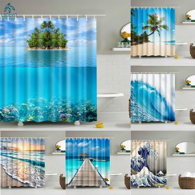 Seaside Sea Beach Sea Wave Coconut Tree Duschvorhänge Badezimmervorhang Frabic Wasserdichter Polyester-Badvorhang mit Haken