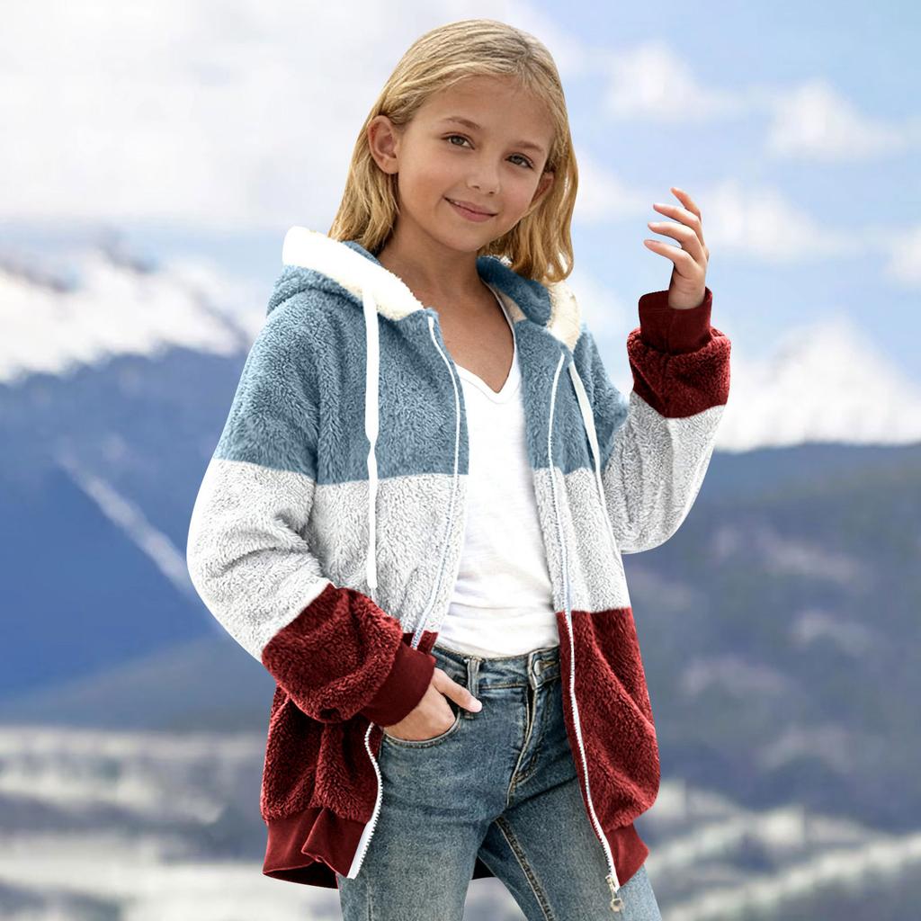 Children's Fashion Color Medium Large Children's Zipper Long Sleeve Hoodie Color Blocked Plush Warm Coat