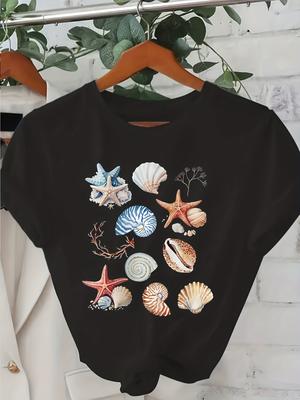 Damen Sommer Strand T-Shirt mit tropischem Seestern Muschel Korallenriff Druck Hellbeige Lässig Rundhals Bluse Urlaubs Outfits