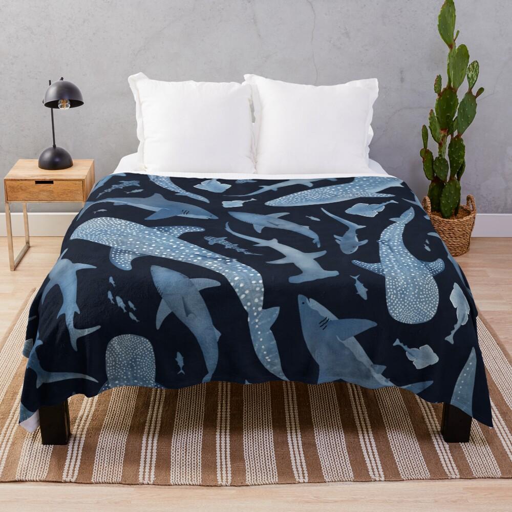 Monochrome blue watercolour shark ocean on black Throw Blanket