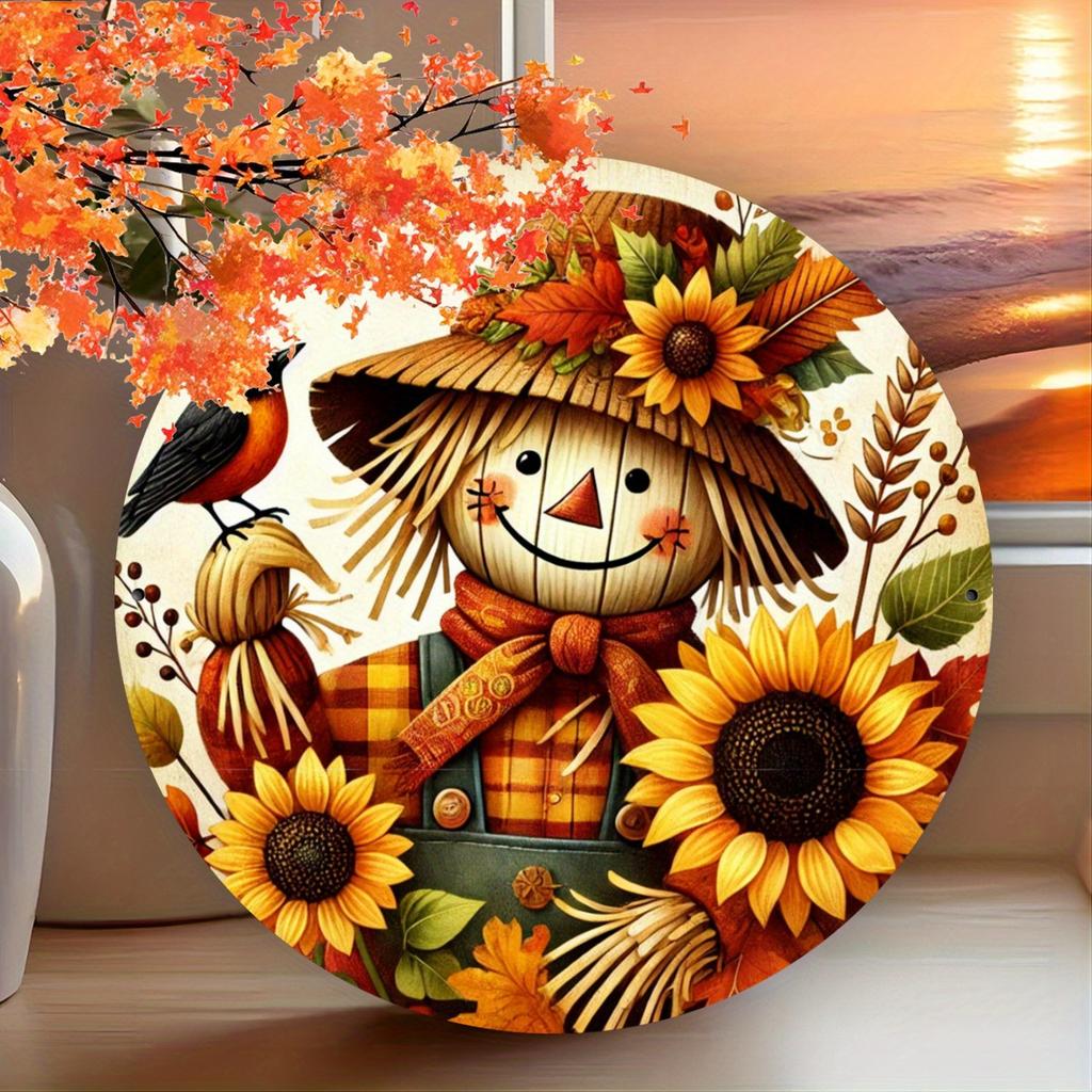 Autumn Harvest Scarecrow with Sunflowers Metal Tin Sign for Farmhouse Fall Decor