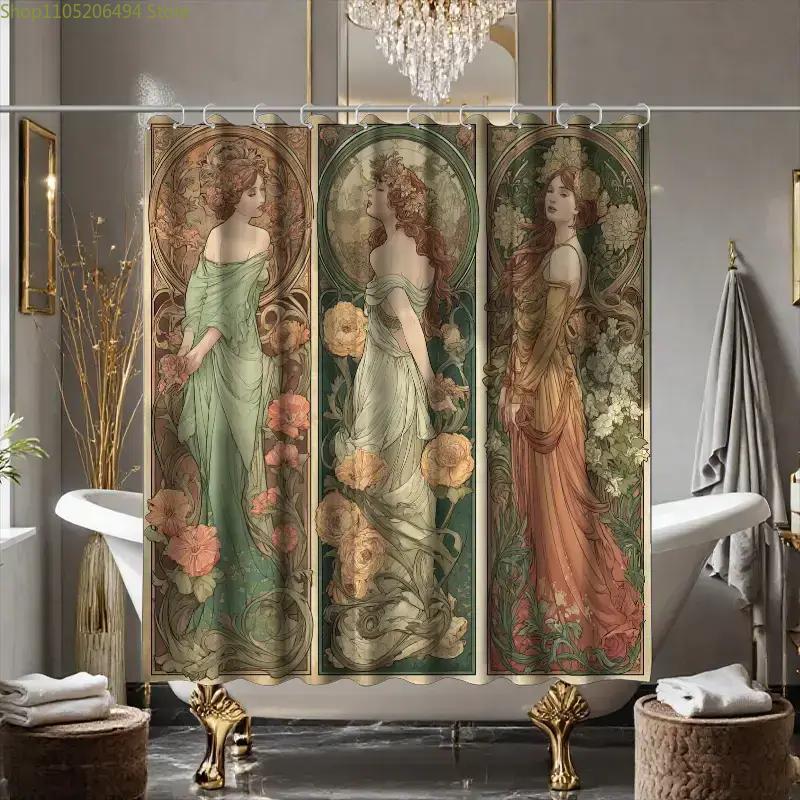 1pc Bathroom Shower Curtain, Original Illustration Art Exhibition Series, Japanese-style Shower Curtain, Includes 12 Hooks, 18