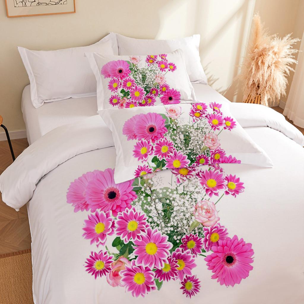 Home Textile Three-Piece Set, Simple Flowers, Cartoon Digital Printing Quilt, Pillowcase, Bedding