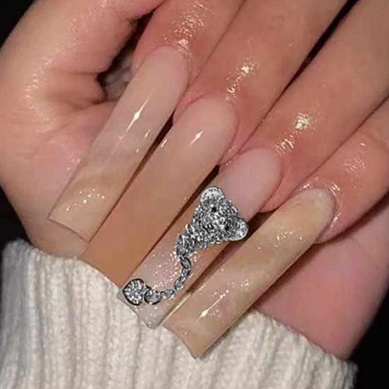 Gradient Striped Bear Charm Nail Art Tips Wearable Press-On Nails Sweet Style Gel Nail