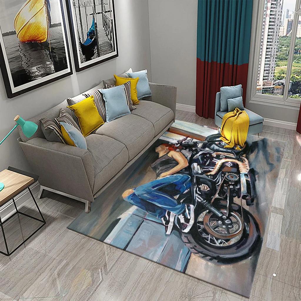 3D Vintage Cool Classic Motorcycle Carpet Oil Painting Art Carpet Home Bedroom Living Room Decorations Rug Bathroom Non-Slip Mat
