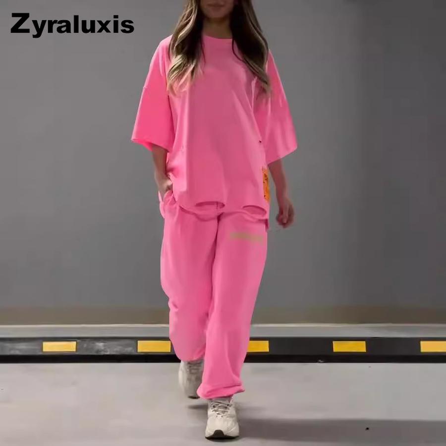 Summer Women's Loose Hollow Crew Neck T-Shirt Top Pants Set Two Piece Outfit