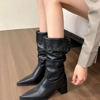 Women's Pointy Pleated Ankle Boots Fashion Square Heels Booties Woman Autumn New Fashion Pu Leather Chunky Heel Knee Botas Mujer