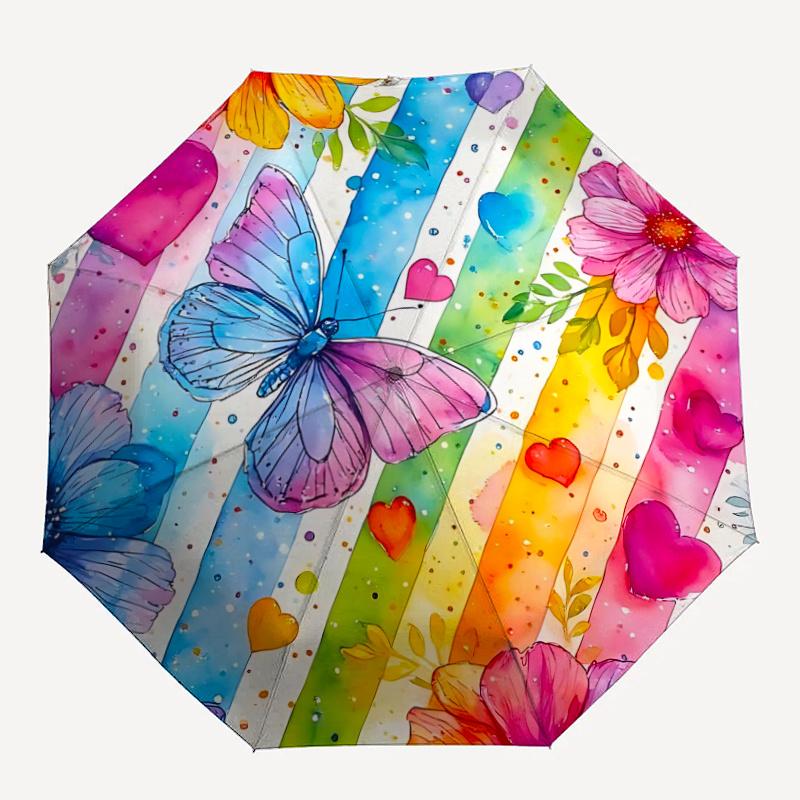 1pc Butterfly Rainbow Flowers Hearts Automatic Open/close Umbrella, 8-Rib sturdy structure, Auto Folding/Opening, Portable Travel Umbrella for Women
