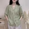 Summer Solid Color V-neck Shirt for Women Mid Sleeved Western-style Shirt for Women
