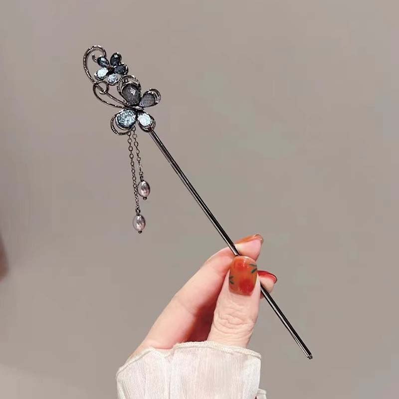 Chinese Style Ink Flower Tassel Hairpin For Women Girl Vintage Metal  Black Beads Fringe Hair Clasp Hanfu Hair Jewelry