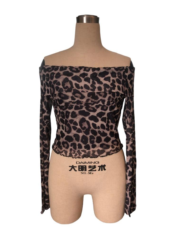 Sexy One-Shoulder Long Sleeve T-Shirt Leopard Mesh Tops Sexy Hottie Versatile Closet Essential Fashion Items Shirt