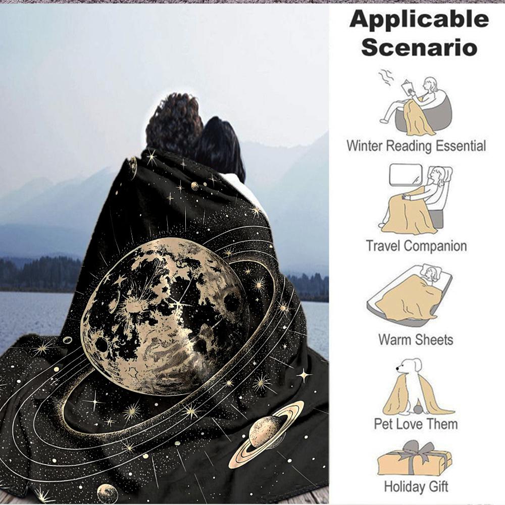 1pc Moon Saturn Print Blanket   Lightweight Flannel Throw Blanket For Sofa, Bed, Living Room, Office, Outdoor Travel, Camping