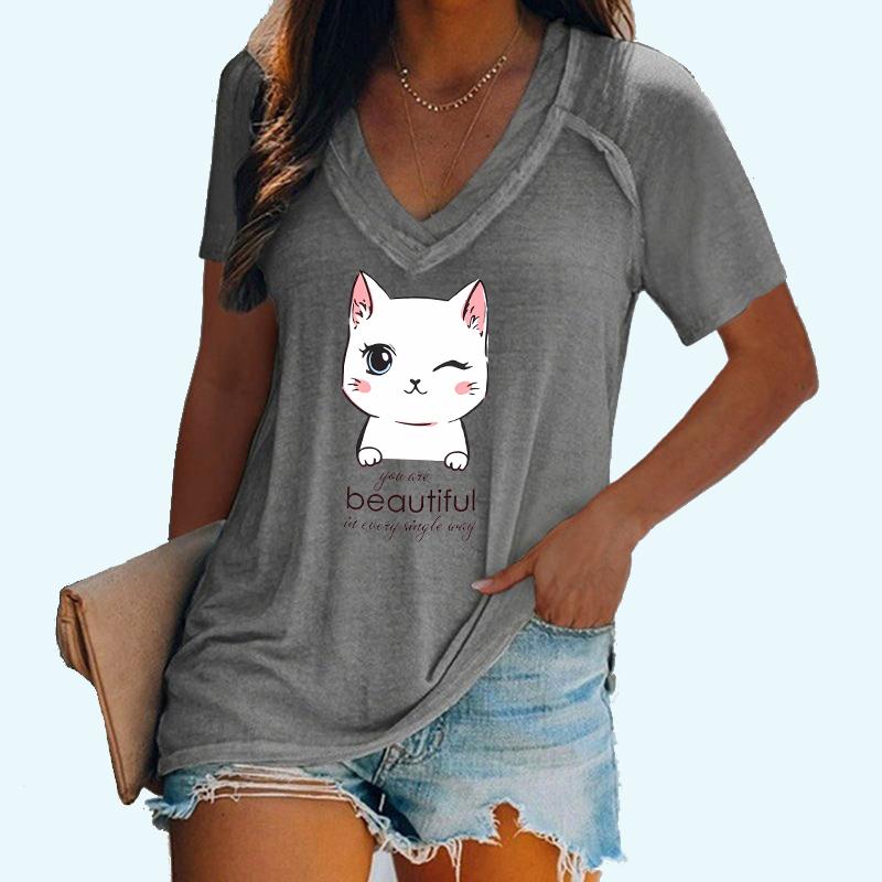 

Женская футболка с V-образным воротником и принтом кота, футболка, пуловер, облегающий топ, женский летний повседневный топ с коротким рукавом