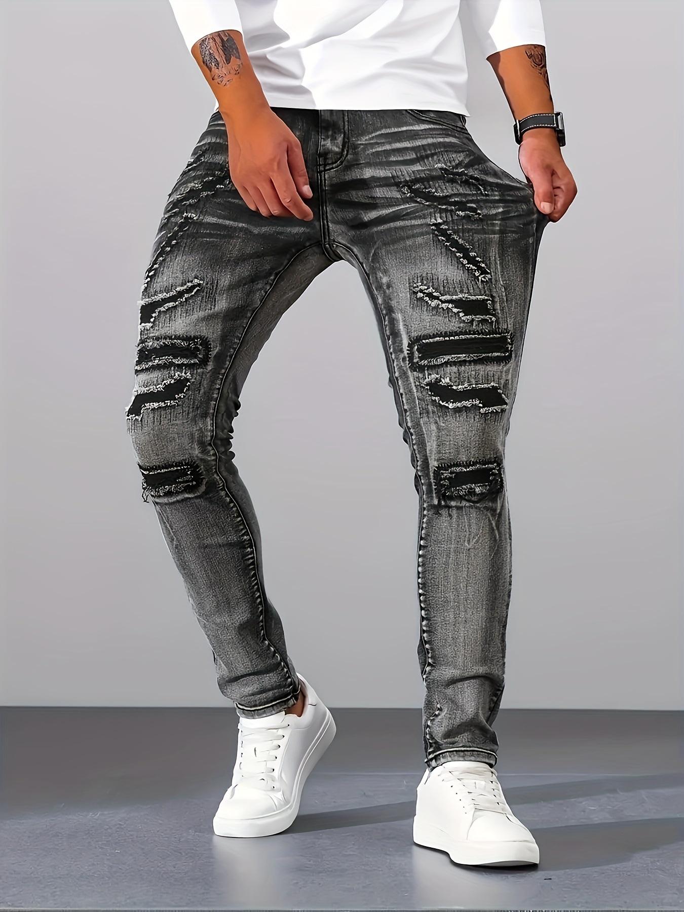 

Men s Silver-Gray Elastic Slim-Fit Jeans with Multi-Process Design S