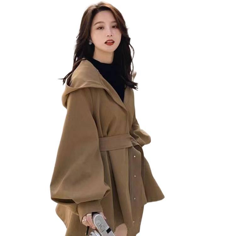 Women's Korean Chic Hooded Trench Coat with Lantern Sleeves - Spring & Autumn Casual British Style
