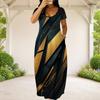 Women Plus Size Round Neck Short Sleeve Abstract Printed Black Teal Gold Maxi Dress With Side Pockets