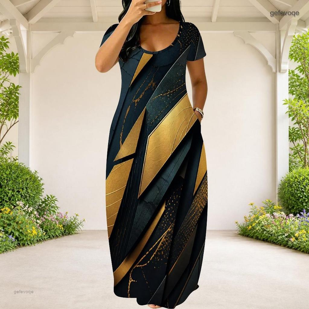 Women Plus Size Round Neck Short Sleeve Abstract Printed Black Teal Gold Maxi Dress With Side Pockets