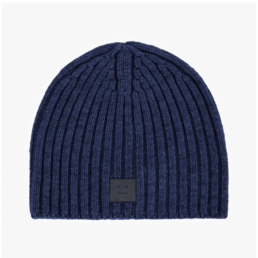 Acne Studio C40387 Navy Melange  Ahe  Face Logo Patch Beanie