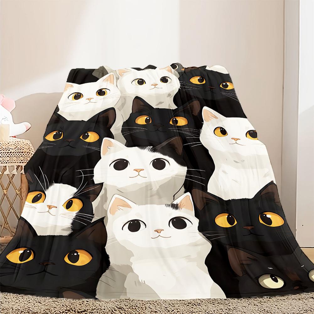 

1pc Adorable Black and White Cat Pattern Lightweight Blanket - Soft Flannel Air Conditioning Blanket for All Seasons, Ideal for 130x150cm