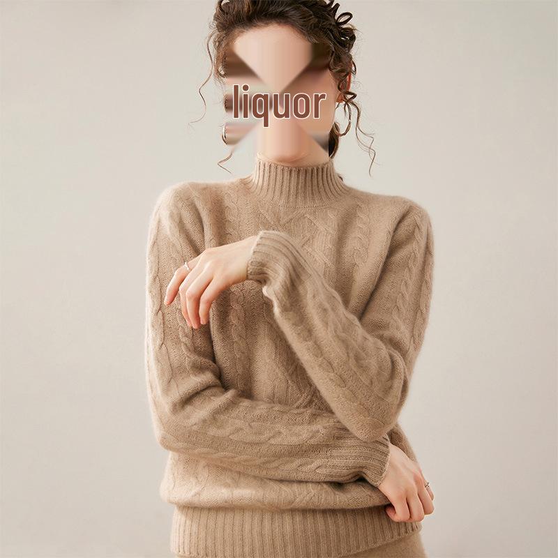 Women's Autumn/Winter Cashmere Cable Knit Sweater - Warm, Slimming, and Fashionable with Half-high Collar