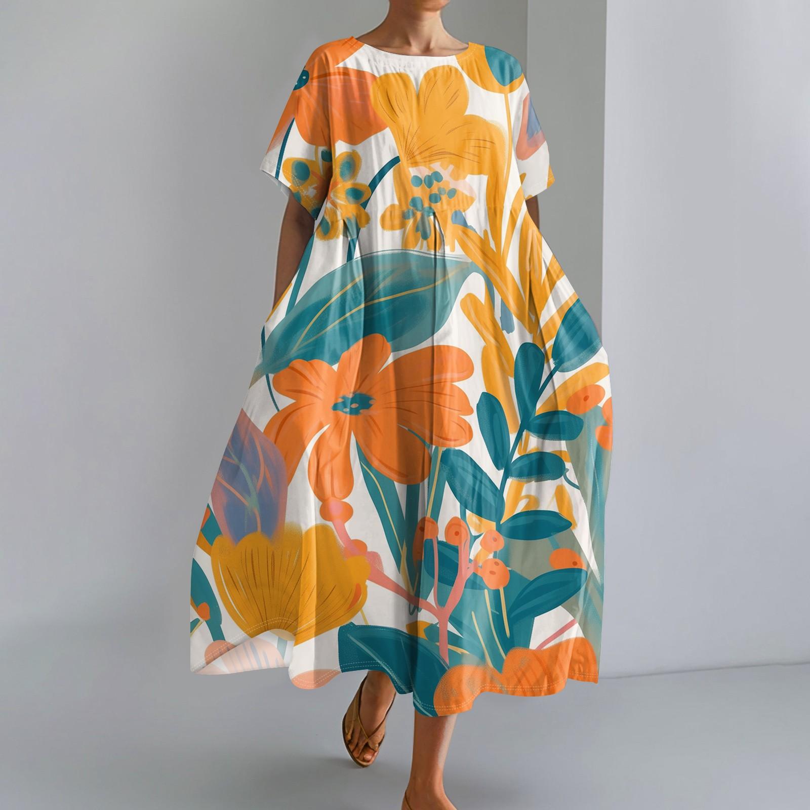 

Женское модное платье с карманом и круглым вырезом с короткими рукавами и принтом XXXL оранжевый