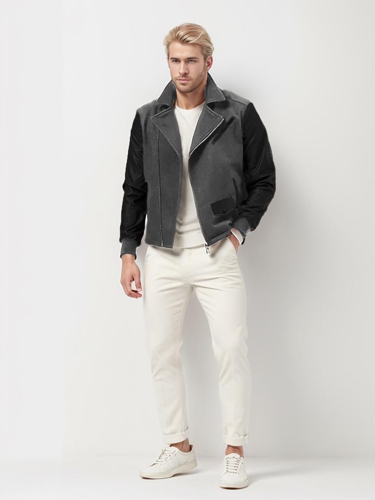 Men's Patchwork Woolen Jacket Lapel Colorblock Coat Casual Slim Fit Zipper Long Sleeve Jacket