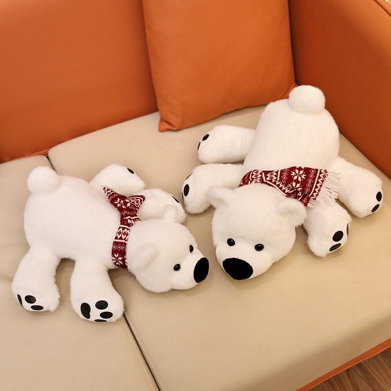 Cartoon Big Nose Polar Bear Plush Toy, Cute Lying Down Stuffed Animal with Scarf, Soft White Bear Doll Gift
