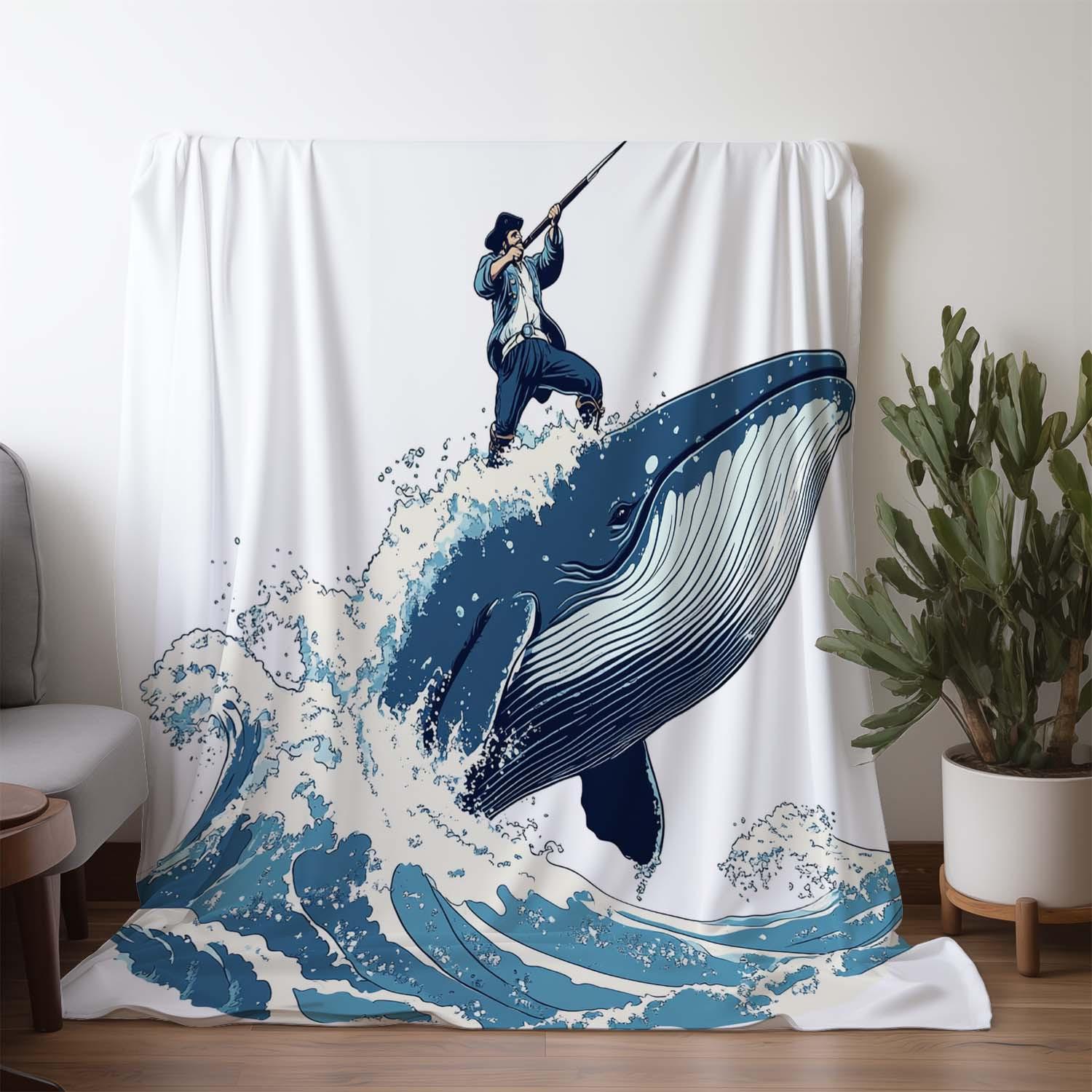 

1pc Whale Wave Print Flannel Blanket - Vintage Style, Soft & Cozy Polyester Throw for Sofa, Bed, Car, Office, Camping, Travel 130x150cm