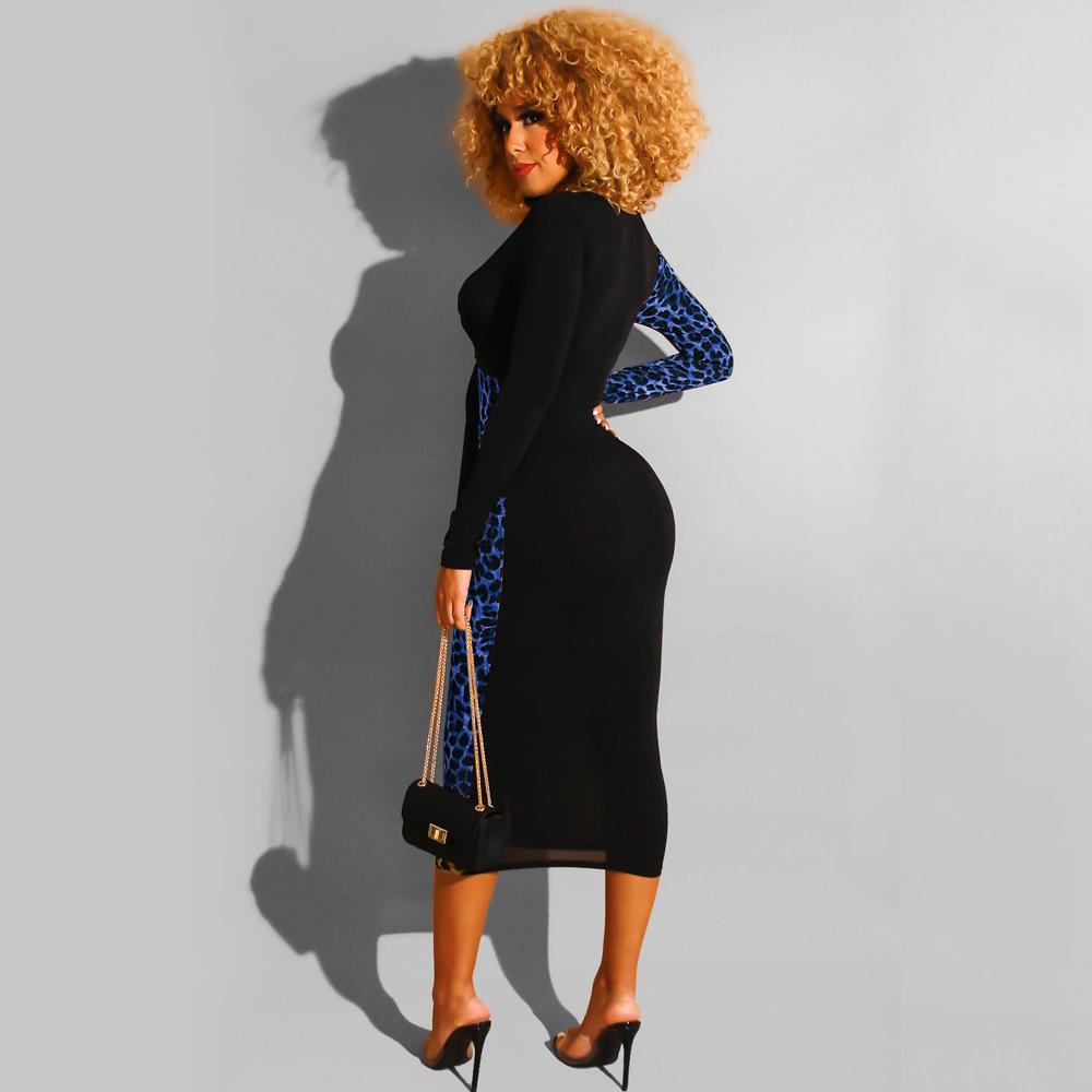 Contrast Color V Neck Zipper Waist Sexy Lady Leopard Geometry Print Belt Long Sleeve Lady Dress