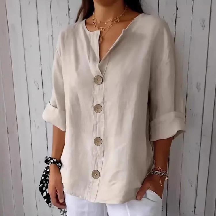 Women's Loose Cotton Linen V-neck Button Down T-shirt Summer Blouses New Shirts