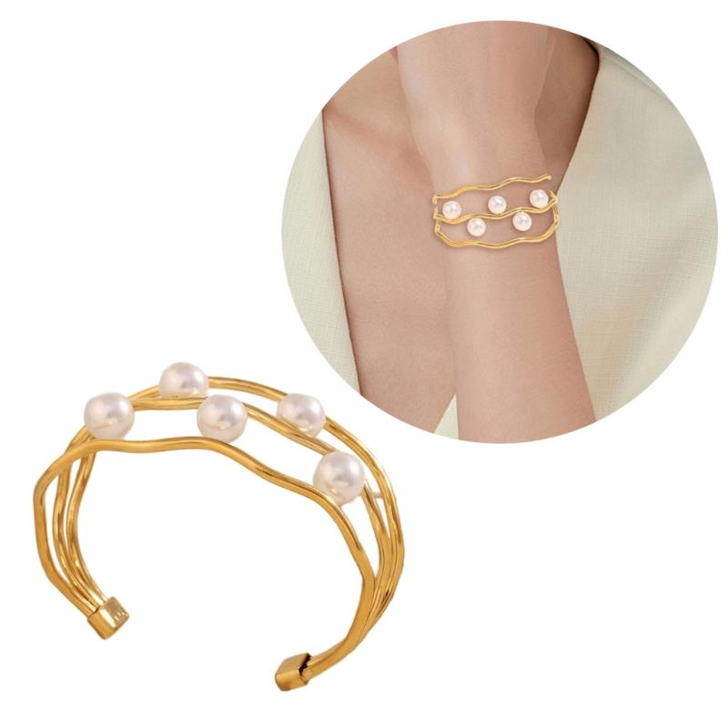 Imitation Pearls Open Bangle Stylish Fashion Jewelry Accessories Stainless Steel Bracelet Comfortable Daily Wear For Her