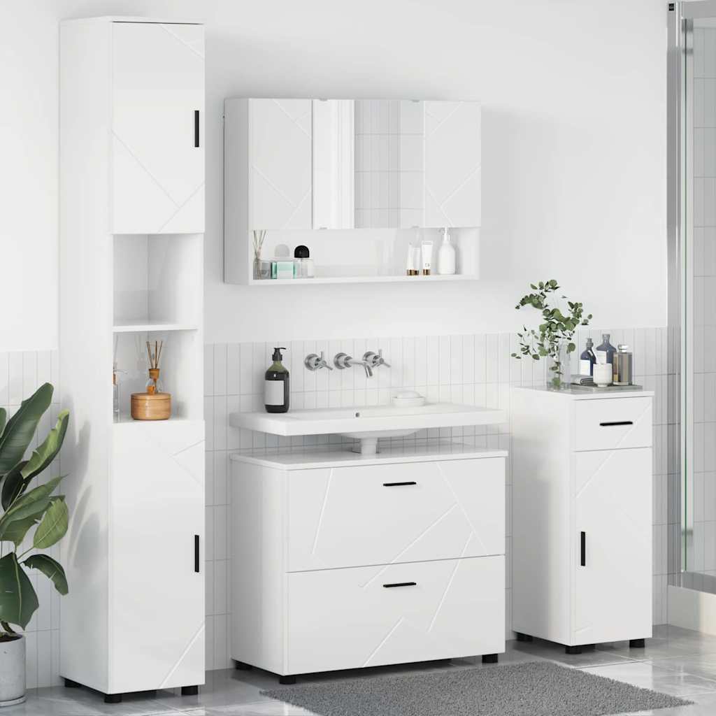 Bathroom Furniture Set 4 Pcs High Gloss White Plywood and Metal