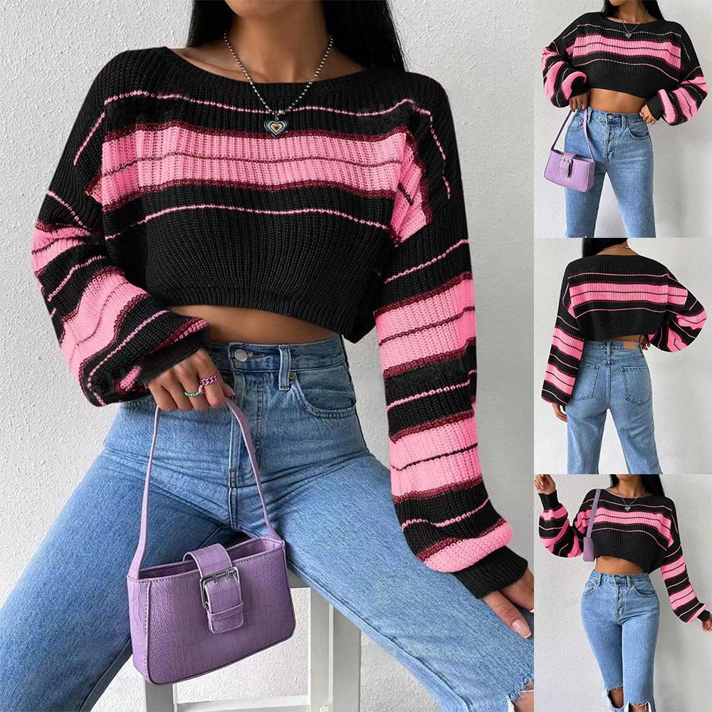 Women Striped Off Shoulder Long Sleeve Crop Top Casual Loose Fit Sweater